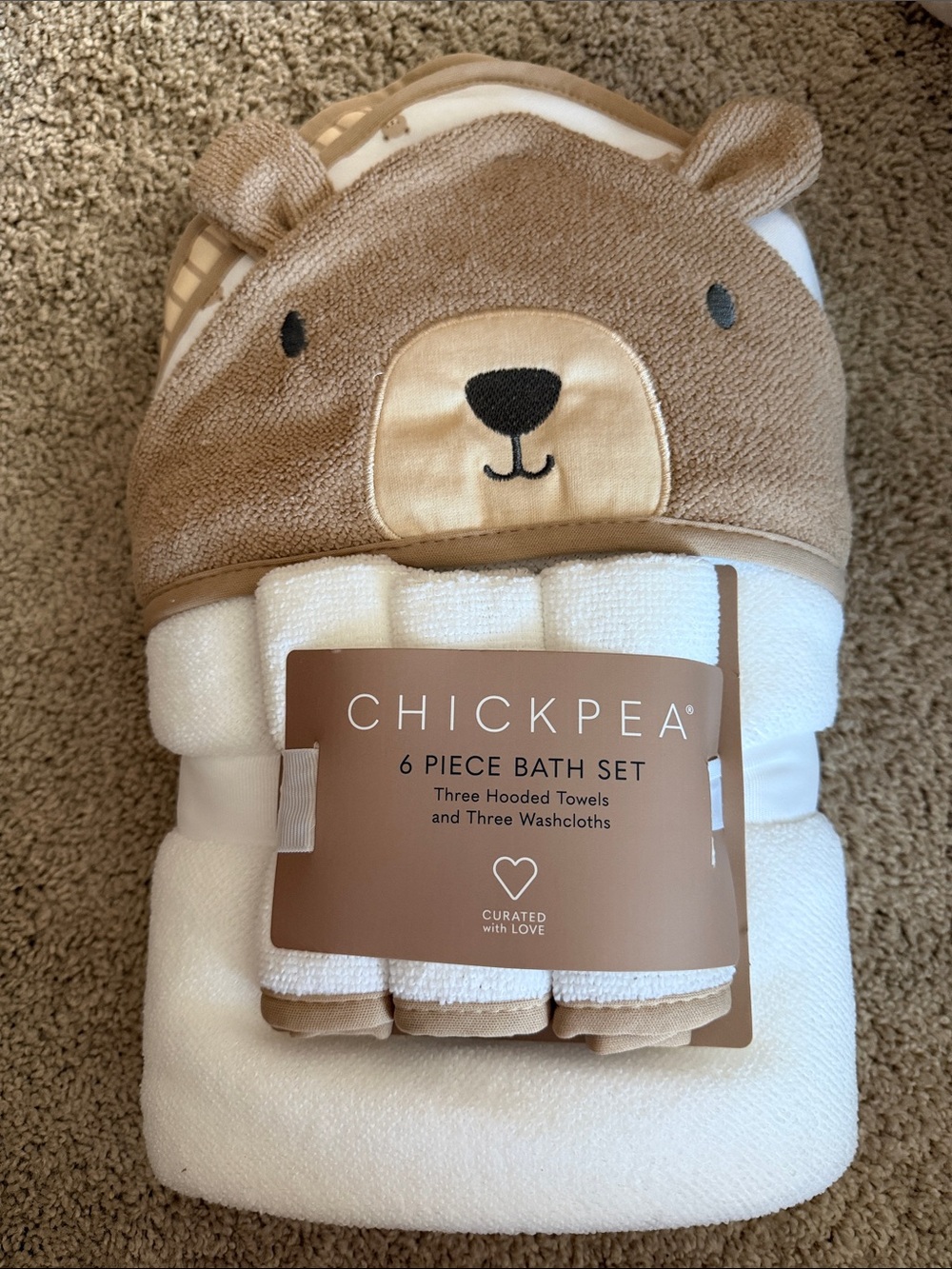 Chickpea Bear Hooded Baby Towel Set - White & Tan